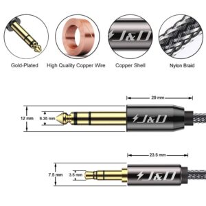 J&D 3.5mm to 6.35mm Stereo Audio Cable, Gold Plated 3.5mm 1/8 inch Male TRS to 6.35mm 1/4 inch Male TRS Copper Shell Cable with Zinc Alloy Housing, Nylon Braid for iPhone, Amplifiers, 15 Feet