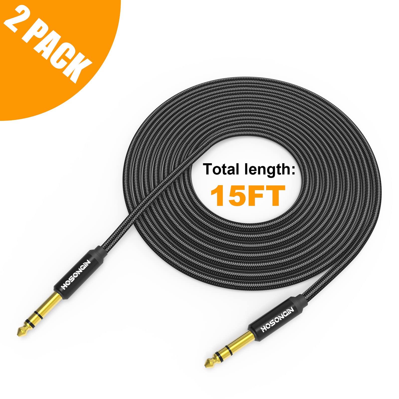 HOSONGIN 1/4 Inch TRS Instrument Cable 15ft 2-Pack [Nylon Braided Shielded], 1/4 Inch to 1/4 inch TRS Male to Male Plug Stereo Audio Cord, Quarter Inch 6.35mm Balanced Interconnect Line - 15 feet