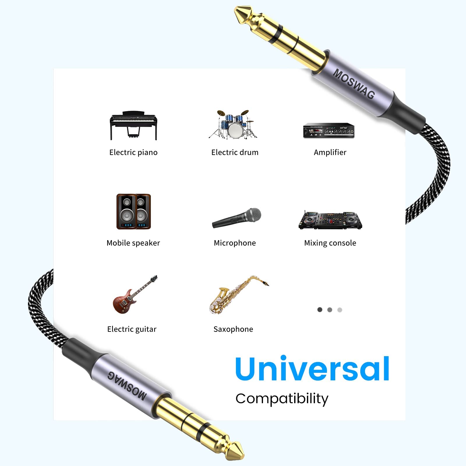 MOSWAG 6.35mm (1/4) TRS to 6.35mm (1/4) TRS Stereo Audio Cable 15 Ft Male to Male with Nylon Braided for Electric Guitar, Bass, Amplifier, Mixer, Keyboard, Speaker