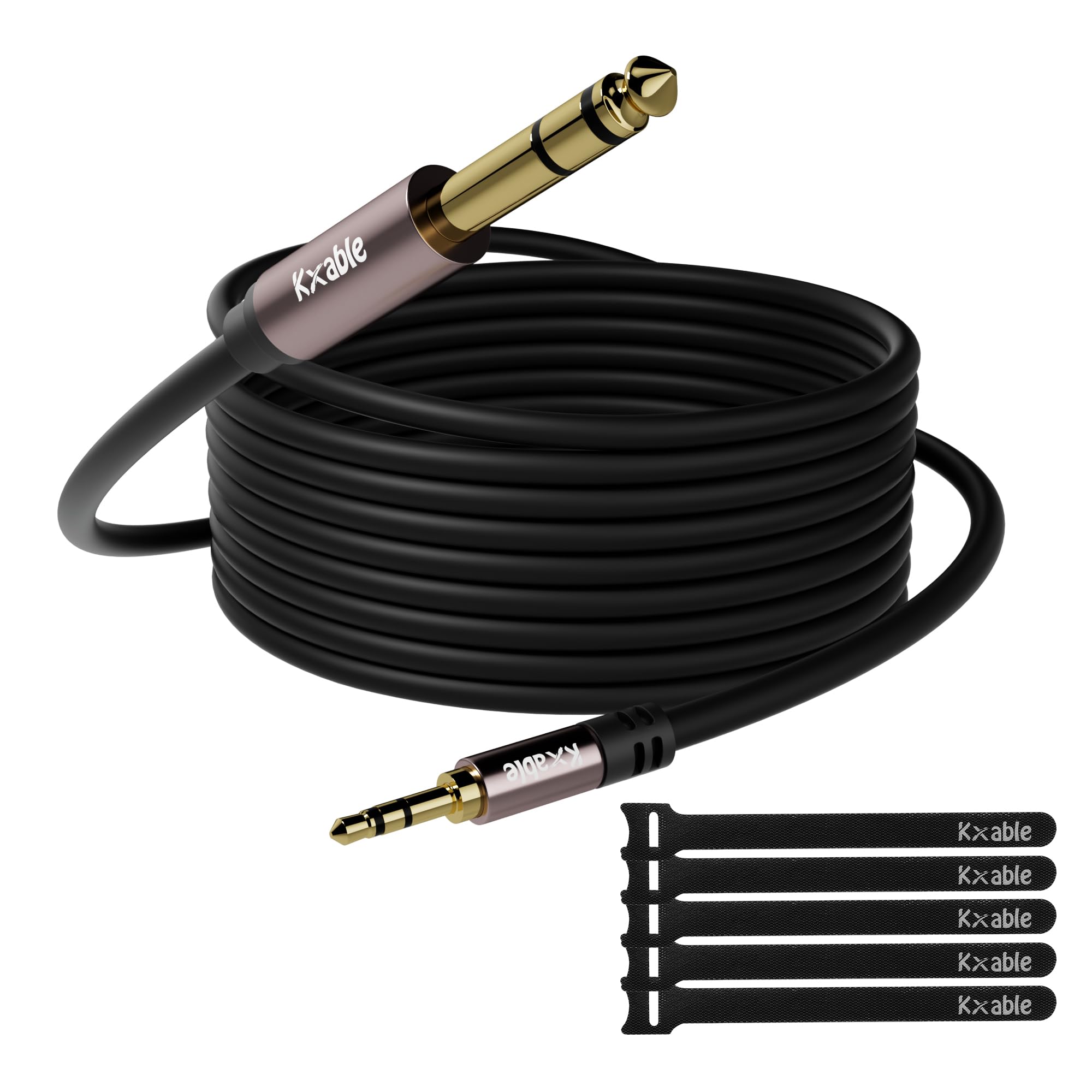 3.5mm to 6.35mm Stereo Audio Cable 15 Feet, 1/4 to 1/8 inch Headphone Cable Jack, Hi-Fi Sound, Gold Plated Connectors, OFC Core, Black Cable (with 5 pcs Cable Ties)