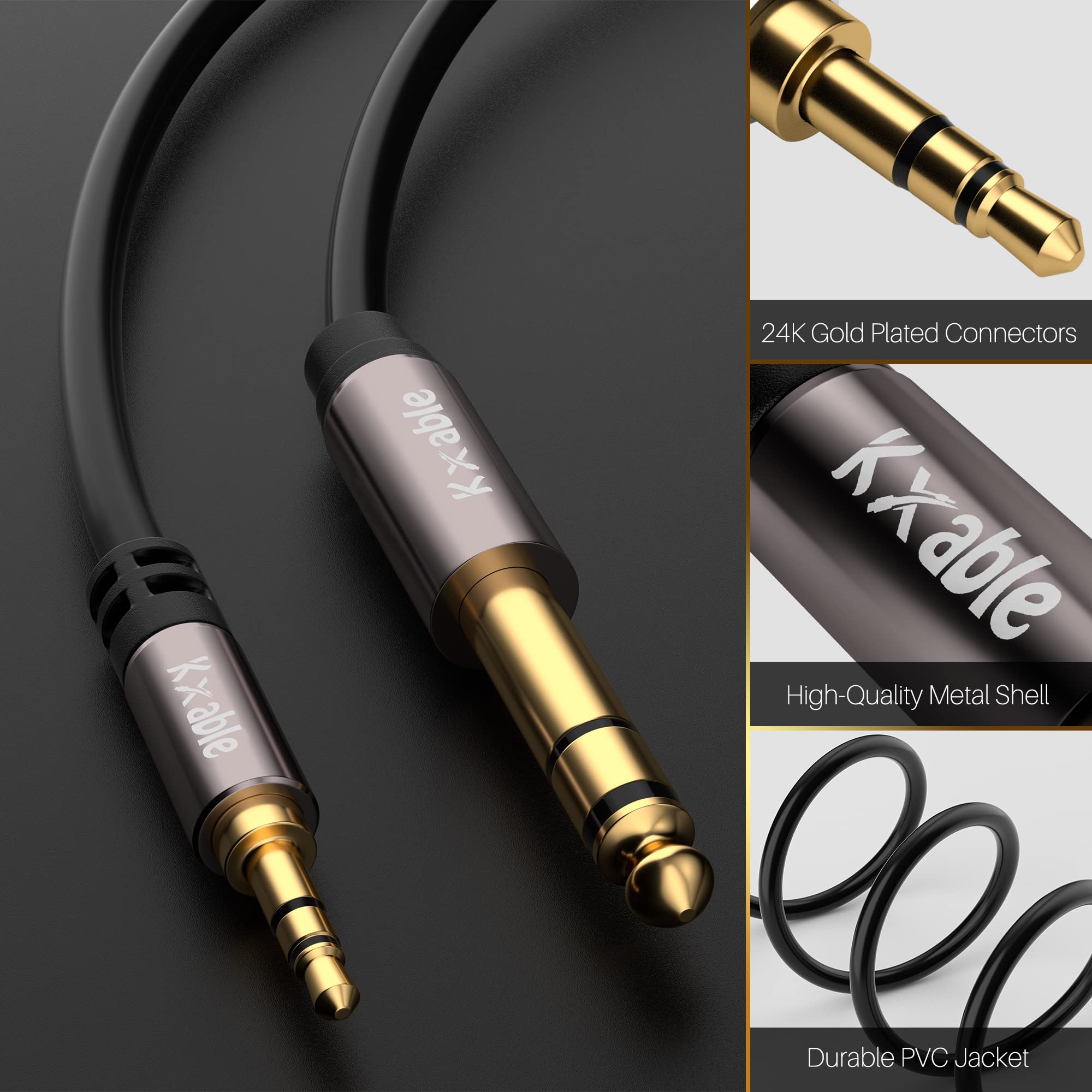 3.5mm to 6.35mm Stereo Audio Cable 15 Feet, 1/4 to 1/8 inch Headphone Cable Jack, Hi-Fi Sound, Gold Plated Connectors, OFC Core, Black Cable (with 5 pcs Cable Ties)