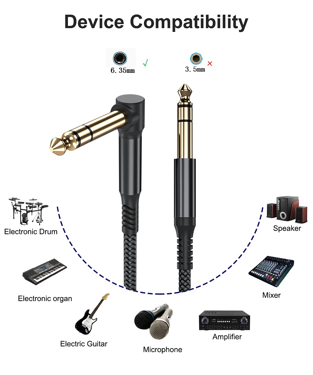 Elebase 1/4 Inch TRS Instrument Cable 15ft 2-Pack,Right-Angled to Straight 6.35mm Male Jack Stereo Audio Cord,6.35 Balanced Interconnect Line for Electric Guitar,Bass,Keyboard,Mixer,Amplifier,Speaker