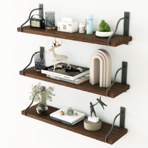 inforth wall shelves, wood wall mounted shelves for wall storage, floating shelves for wall display with metal bracket, hanging shelves for bedroom kitchen living room (brown, 17 inches)