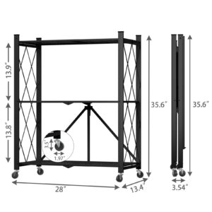 Yuanjimi 3 Tier Foldable Storage Shelf with Wheels, Heavy Duty Garage Shelving Unit Loads 550 LBS, Metal Steel Collapsible Shelves, Rolling Standing Utility Rack for Kitchen, Pantry, Office, Black