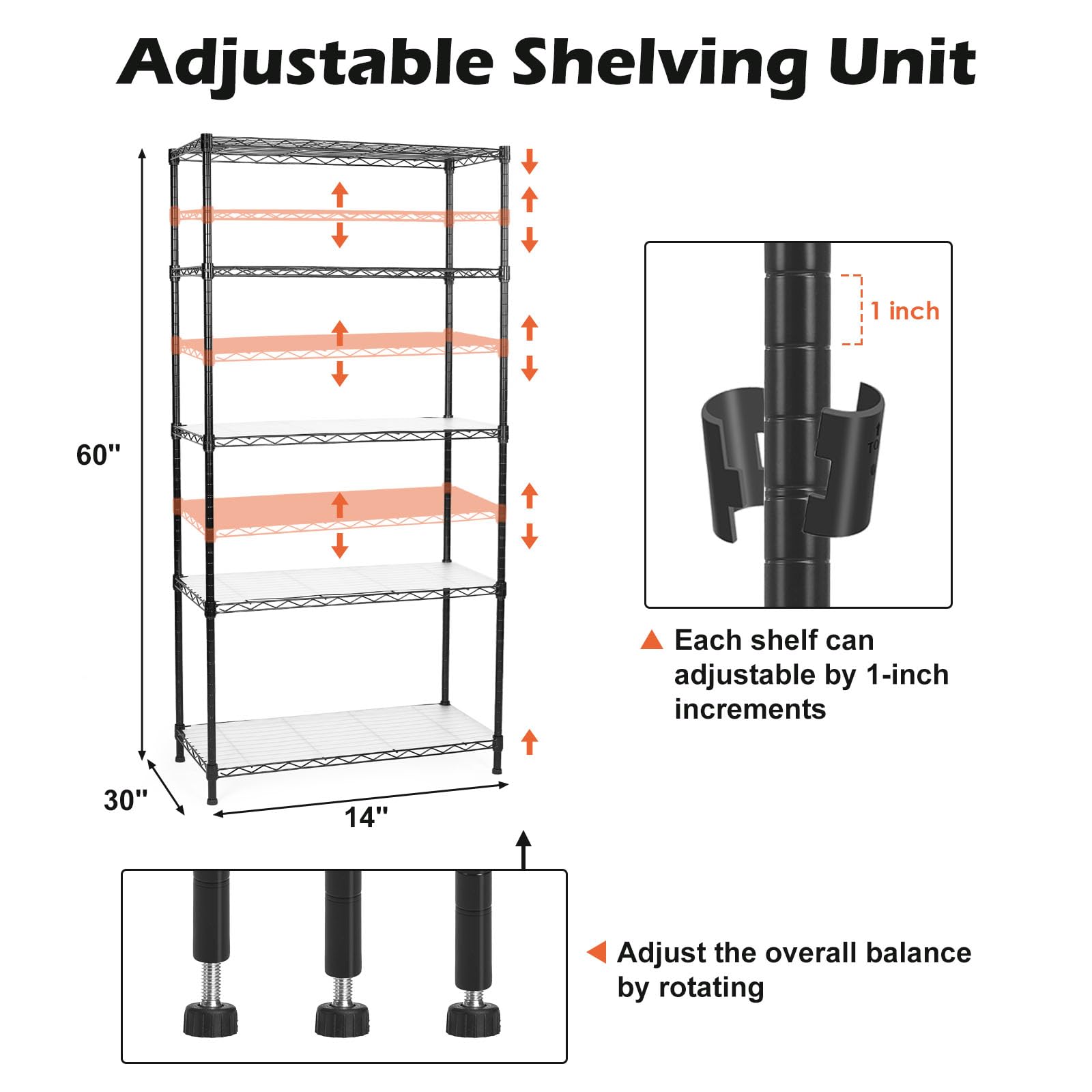 WDT 5 Tier Shelf Shelving Unit with Liners,Adjustable Metal Shelves for Storage, NSF Certified Wire Shelving Rack,1250bs Capacity Storage Shelves for Kitchen Garage,14" D×30" W×60" H