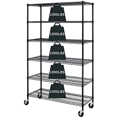 HCY 6-Tier Storage Shelf Heavy Duty Storage Shelving Unit NSF Height Adjustable Metal Storage Rack with Wheels for Laundry Bathroom Kitchen Garage Pantry Organization-18inx48inx76in (Black)