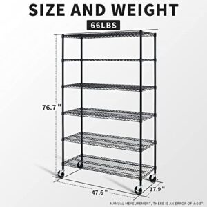 HCY 6-Tier Storage Shelf Heavy Duty Storage Shelving Unit NSF Height Adjustable Metal Storage Rack with Wheels for Laundry Bathroom Kitchen Garage Pantry Organization-18inx48inx76in (Black)