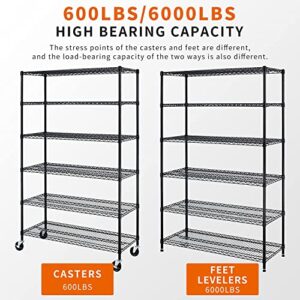 HCY 6-Tier Storage Shelf Heavy Duty Storage Shelving Unit NSF Height Adjustable Metal Storage Rack with Wheels for Laundry Bathroom Kitchen Garage Pantry Organization-18inx48inx76in (Black)