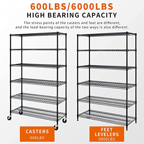 HCY 6-Tier Storage Shelf Heavy Duty Storage Shelving Unit NSF Height Adjustable Metal Storage Rack with Wheels for Laundry Bathroom Kitchen Garage Pantry Organization-18inx48inx76in (Black)