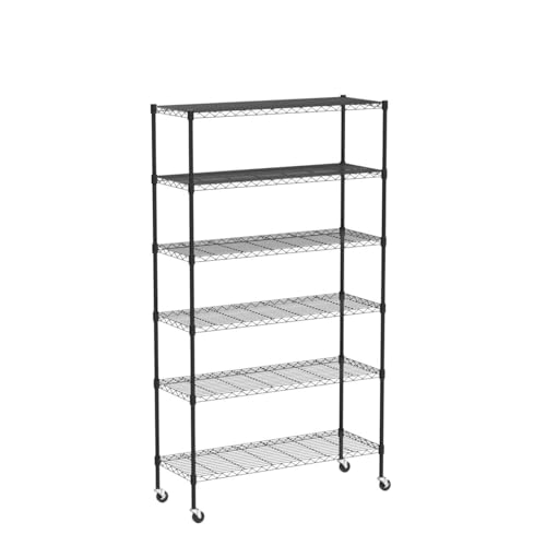 HCY 6-Tier Storage Shelf Heavy Duty Storage Shelving Unit NSF Height Adjustable Metal Storage Rack with Wheels for Laundry Bathroom Kitchen Garage Pantry Organization-18inx48inx76in (Black)