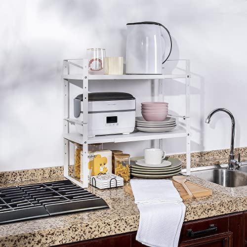 Across-Star Expandable Cabinet Shelf Organizer Rack, Stackable Kitchen Counter Storage Shelves Stand, Adjustable Height Pantry Shelf Spice Rack (White, 2 Pack)