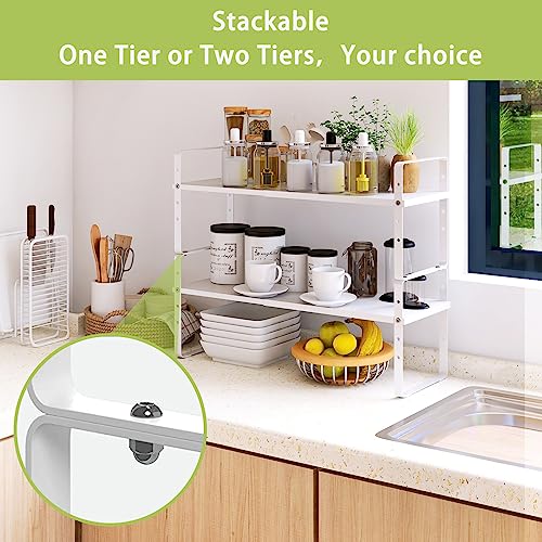 Across-Star Expandable Cabinet Shelf Organizer Rack, Stackable Kitchen Counter Storage Shelves Stand, Adjustable Height Pantry Shelf Spice Rack (White, 2 Pack)