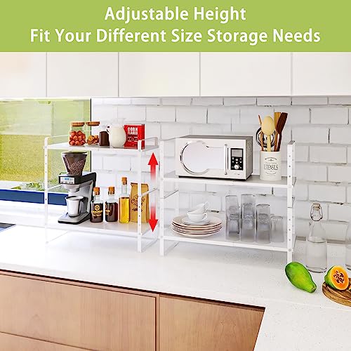 Across-Star Expandable Cabinet Shelf Organizer Rack, Stackable Kitchen Counter Storage Shelves Stand, Adjustable Height Pantry Shelf Spice Rack (White, 2 Pack)