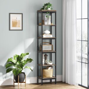 MXARLTR 6 Tier Tall Bathroom Shelf, Narrow Shelving Unit with Steel Frame, Freestanding Slim Storage Rack for Bathroom, Living Room, Bedroom, Kitchen, Bathroom Storage Corner Shelf (Oak Gray)