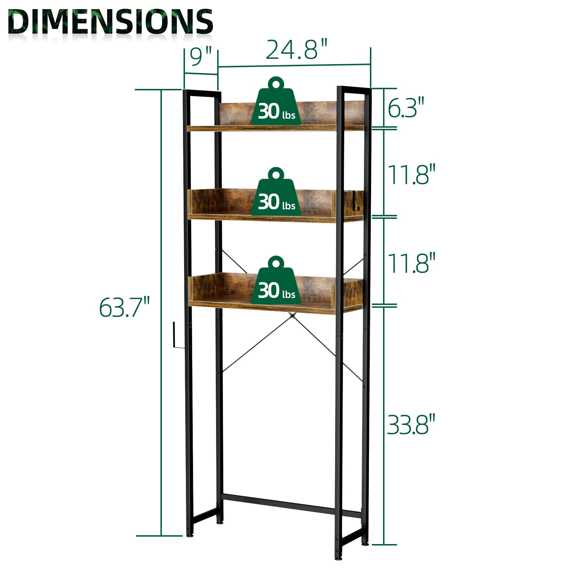 OTK Over-The-Toilet Storage, 3 Tier Bathroom Organizer Shelf, Freestanding Space Saver with Toilet Paper Holder, Multifunctional Over The Toilet Rack, Vintage