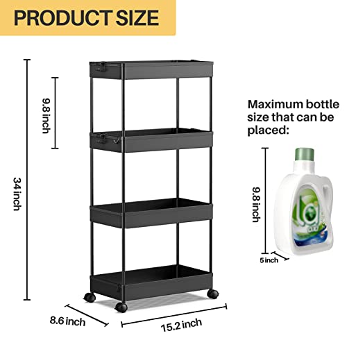 SPACEKEEPER Storage Cart 4-Tier, Bathroom Rolling Cart Utility Storage Organizer Shelf Mobile Shelving Unit for Kitchen Living Room Bathroom Laundry Room & Dressers, Black