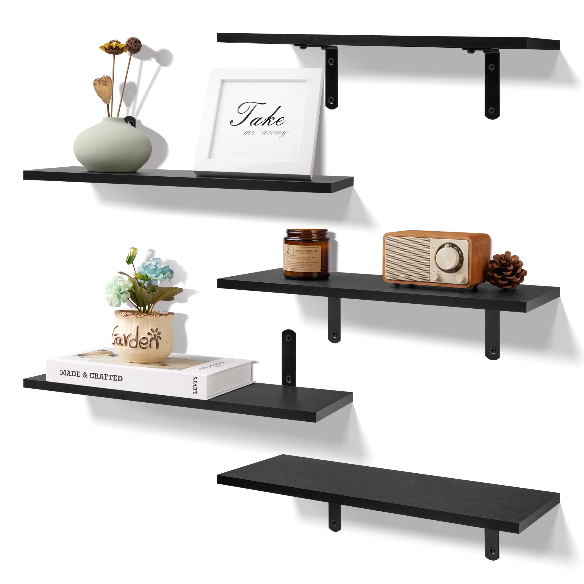 upsimples Floating Shelves for Wall Decor Storage, Black Wall Mounted Shelves Set of 5, Sturdy Small Wood Shelves Hanging for Bedroom, Living Room, Bathroom, Kitchen, Corner, Book