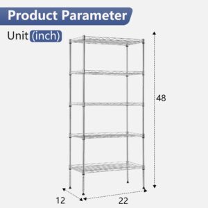 FDW 5 Tier 22L x 12W x 48H Pantry Shelves Adjustable Metal Shelves NSF Storage Rack Shelving Units for Kitchen Garage Small Places Commercial,Chrome