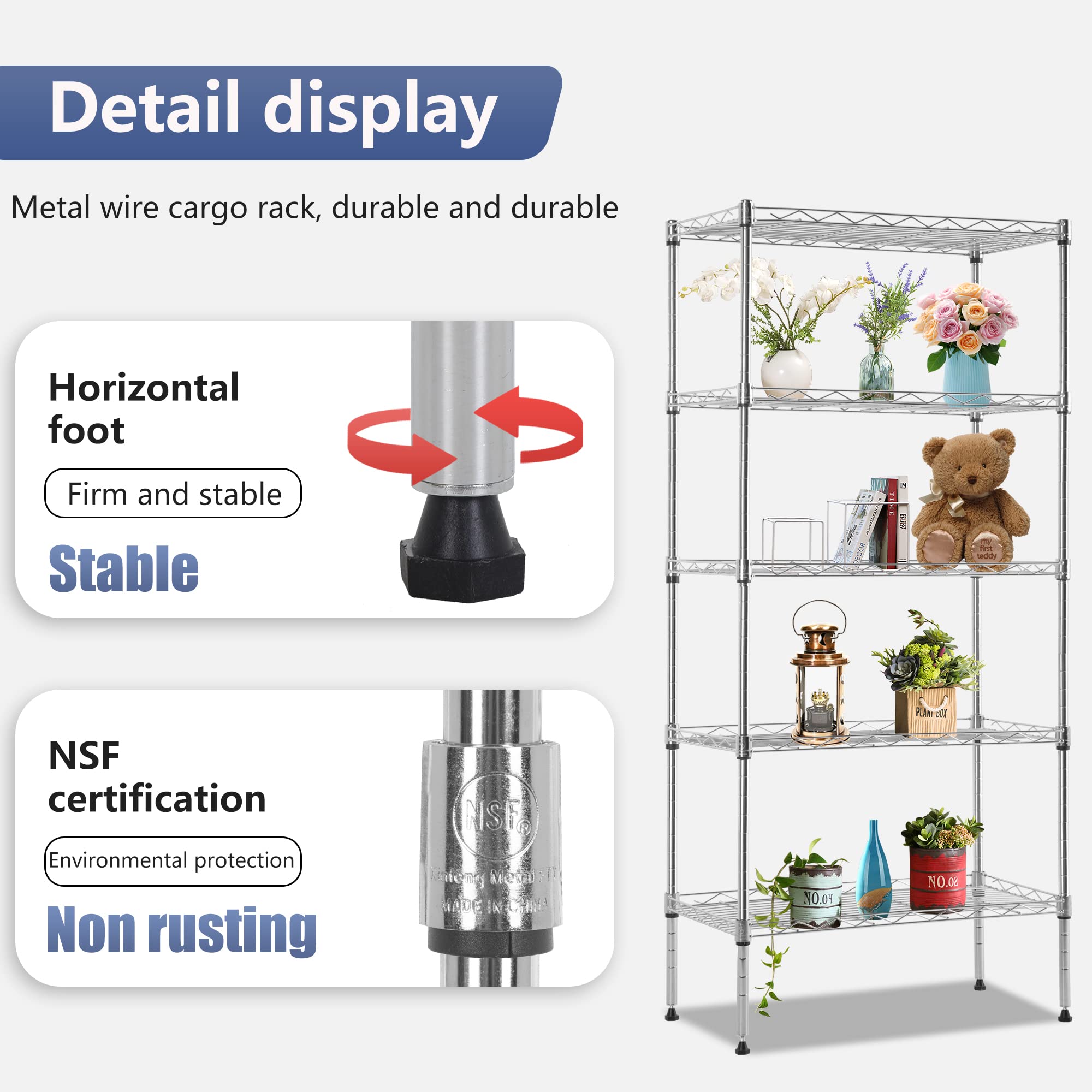 FDW 5 Tier 22L x 12W x 48H Pantry Shelves Adjustable Metal Shelves NSF Storage Rack Shelving Units for Kitchen Garage Small Places Commercial,Chrome