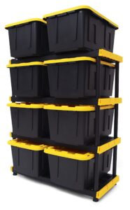 cx black & yellow®, shelving unit and heavy duty storage containers, extremely durable® (shelf + 27 gallon container (8-pack))