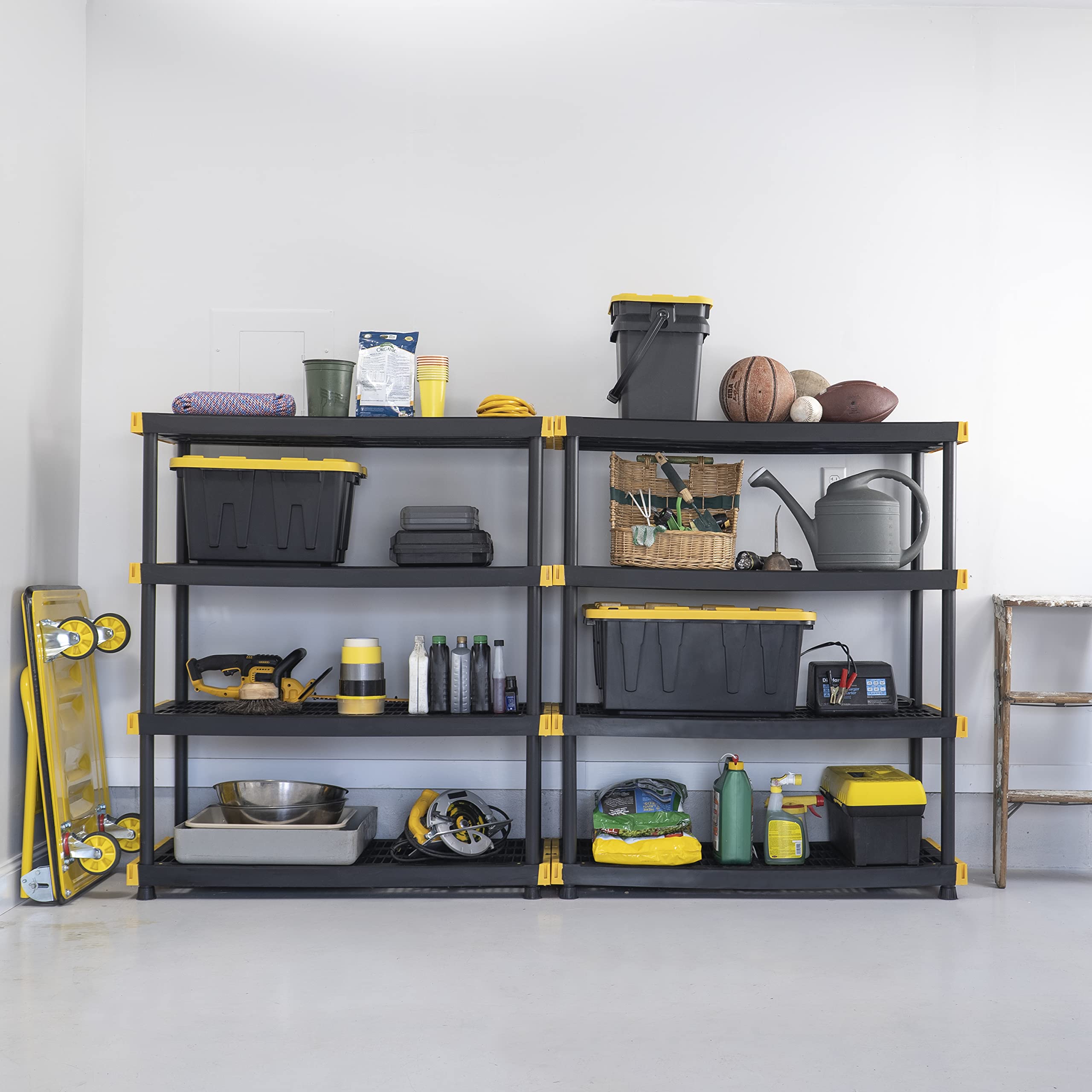 CX Black & Yellow®, Shelving Unit and Heavy Duty Storage Containers, Extremely Durable® (Shelf + 27 Gallon Container (8-Pack))