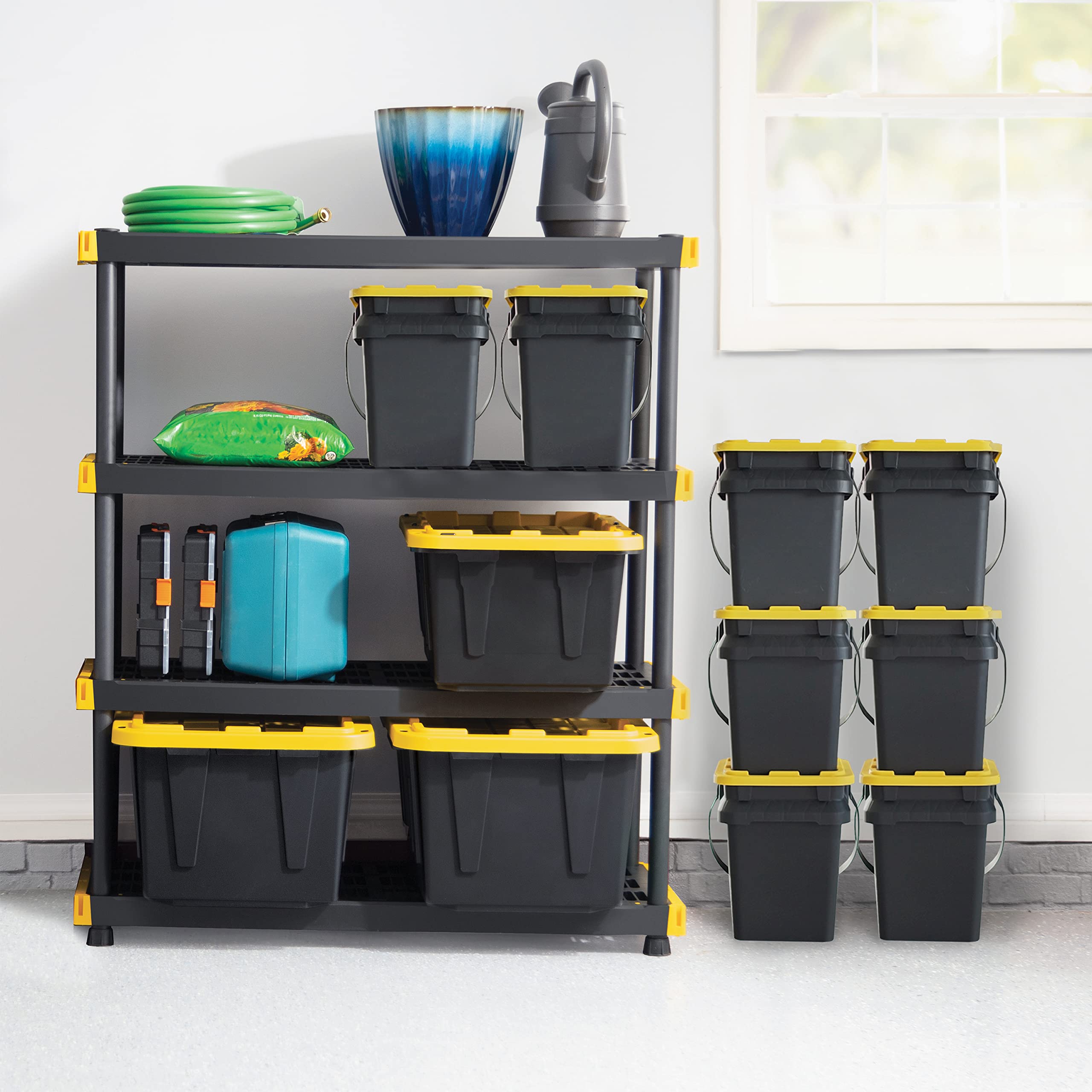 CX Black & Yellow®, Shelving Unit and Heavy Duty Storage Containers, Extremely Durable® (Shelf + 27 Gallon Container (8-Pack))