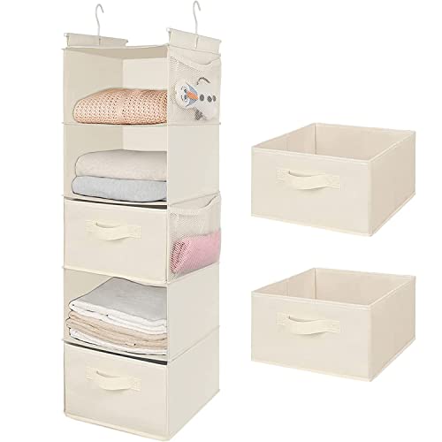 MAX Houser 5 Tier Shelf Hanging Closet Organizer, Cloth Hanging Shelf with 2 Sturdy Hooks for Storage, Foldable (Beige-D2)