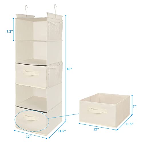 MAX Houser 5 Tier Shelf Hanging Closet Organizer, Cloth Hanging Shelf with 2 Sturdy Hooks for Storage, Foldable (Beige-D2)