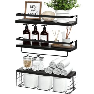 floating shelves with storage basket, over toilet paper holder storage shelves, wall mounted rustic wood shelves for bathroom, bedroom, living room, kitchen(black, set of 3)