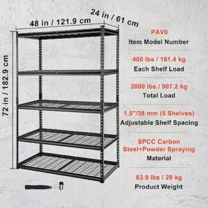 VEVOR Storage Shelving Unit, 5-Tier Adjustable, 2000 lbs Capacity, Heavy Duty Garage Shelves Metal Organizer Wire Rack, Black, 48" L x 24" W x 72" H for Kitchen Pantry Basement Bathroom Laundry Closet