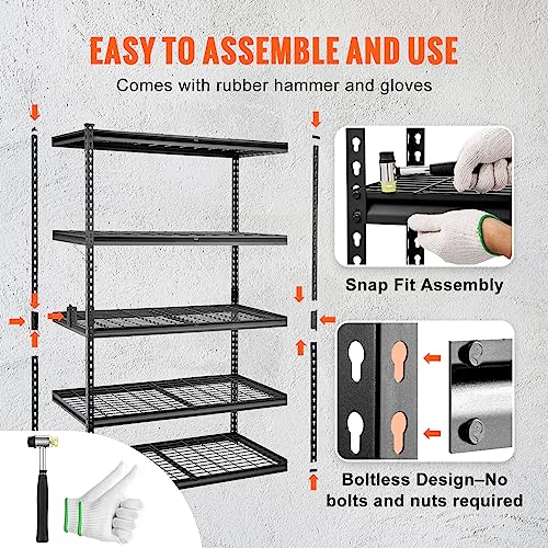 VEVOR Storage Shelving Unit, 5-Tier Adjustable, 2000 lbs Capacity, Heavy Duty Garage Shelves Metal Organizer Wire Rack, Black, 48" L x 24" W x 72" H for Kitchen Pantry Basement Bathroom Laundry Closet