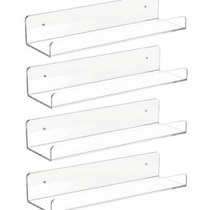 CY craft 4 PCS Clear Acrylic Floating Wall Ledge Shelf 15 Inch Wall Mounted Nursery Kids Bookshelf, Invisible Hanging Shelves for Wall Storage,Toy Picture Ledge Display Shelf Bathroom Storage Shelves