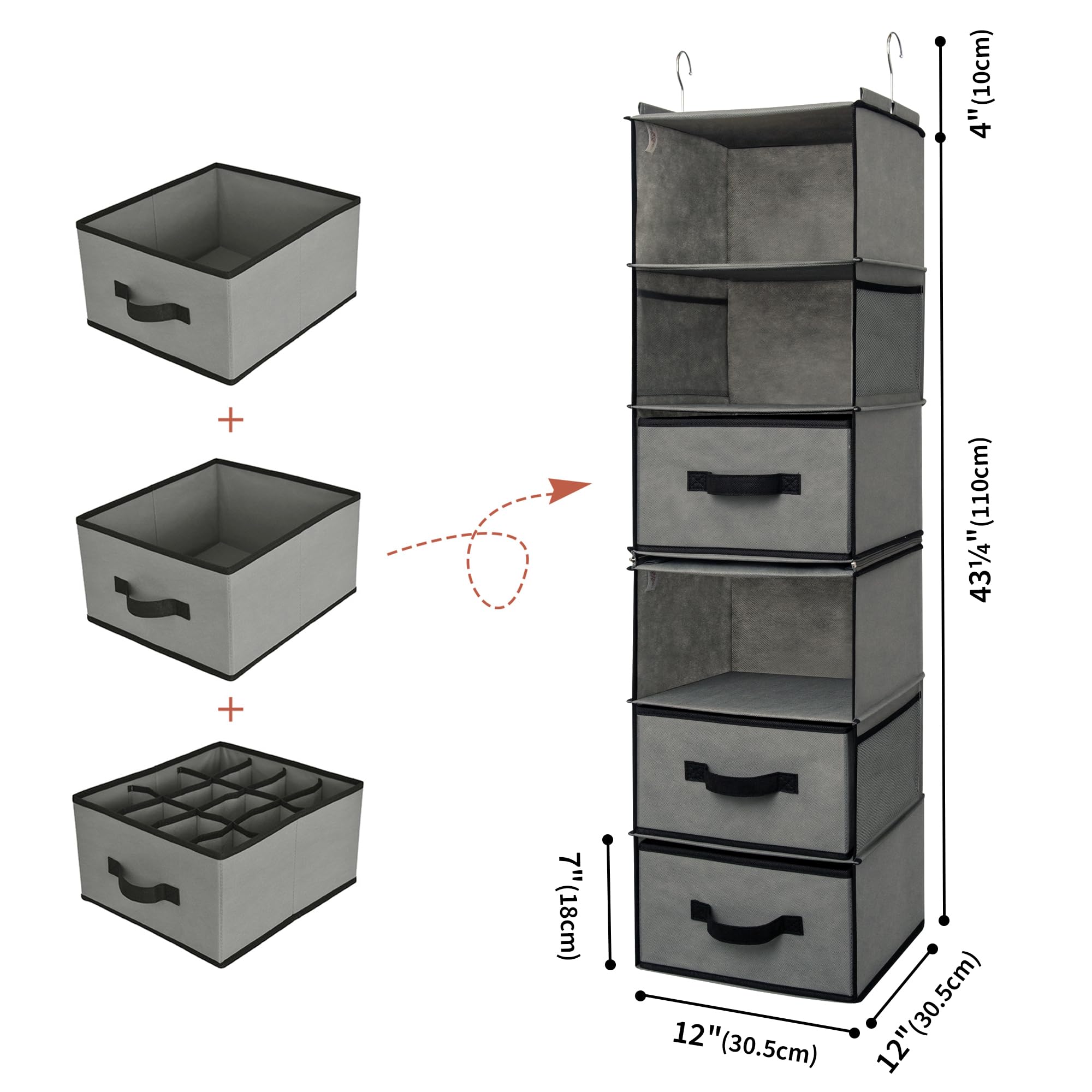 GRANNY SAYS 6-Shelf Hanging Closet Organizer, Separable to 2 Pack 3-Shelf, Closet Organization and Storage with 3 Different Drawers, 4 Side Pockets Wardrobe Clothes Organizer, Gray, 1-Pack