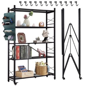 grezjxc 5-tier metal shelving with wheels and 12 hook, rolling storage shelves foldable shelves,wire shelving.heavy steel material pantry shelves holds up to 1250 lbs