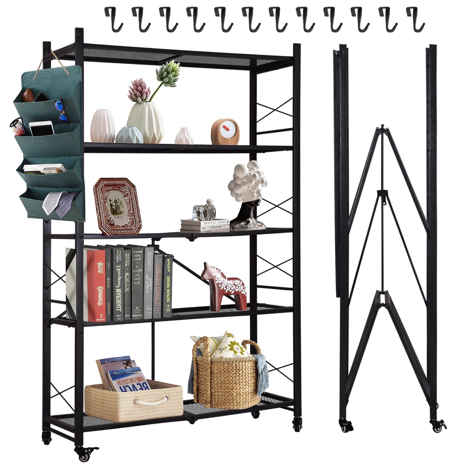 GREZJXC 5-Tier Metal Shelving with Wheels and 12 Hook, Rolling Storage Shelves Foldable Shelves,Wire Shelving.Heavy Steel Material Pantry Shelves Holds up to 1250 lbs