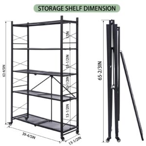 GREZJXC 5-Tier Metal Shelving with Wheels and 12 Hook, Rolling Storage Shelves Foldable Shelves,Wire Shelving.Heavy Steel Material Pantry Shelves Holds up to 1250 lbs