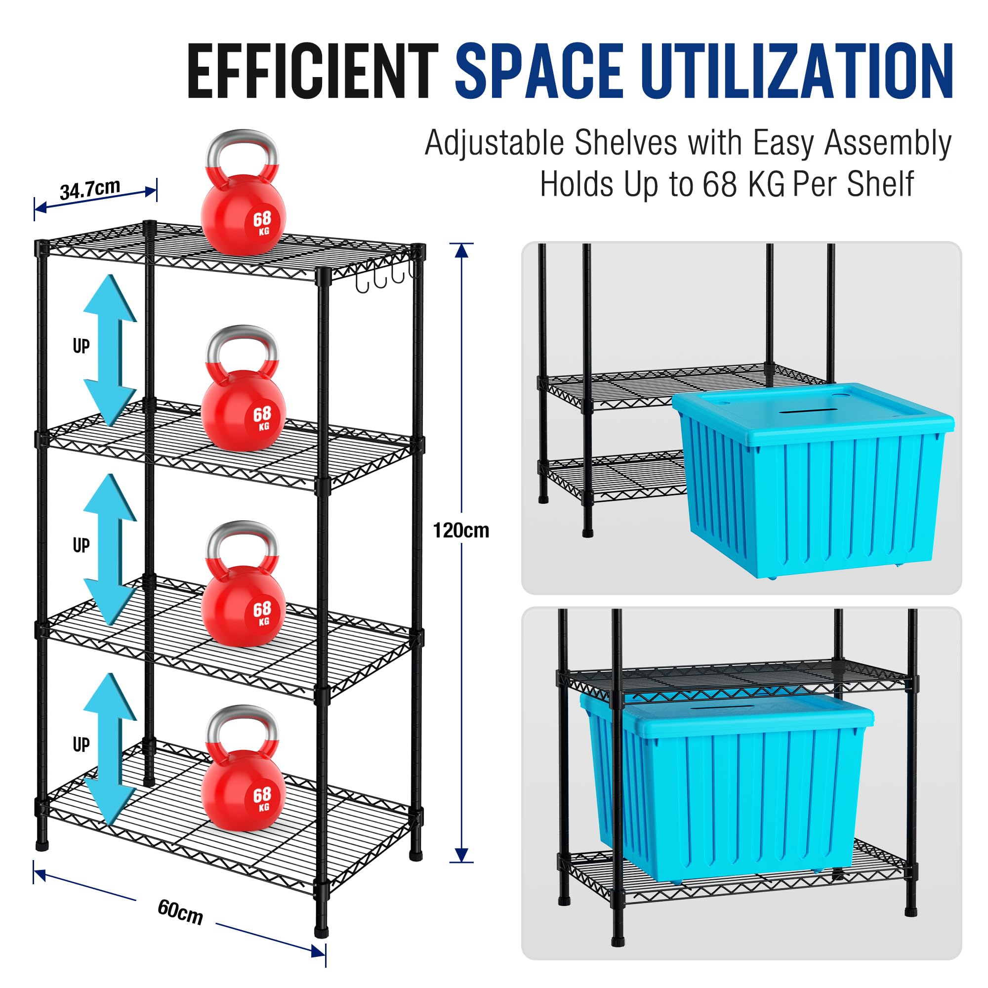 WORKPRO Storage Shelves, 4 Tier Metal Shelving Unit, Garage Wire Rack, Standing Adjustable Shelves with Hooks for Pantry Closet Kitchen Basement 24" W x 14" D x 48" H, 600 lbs Total Capacity