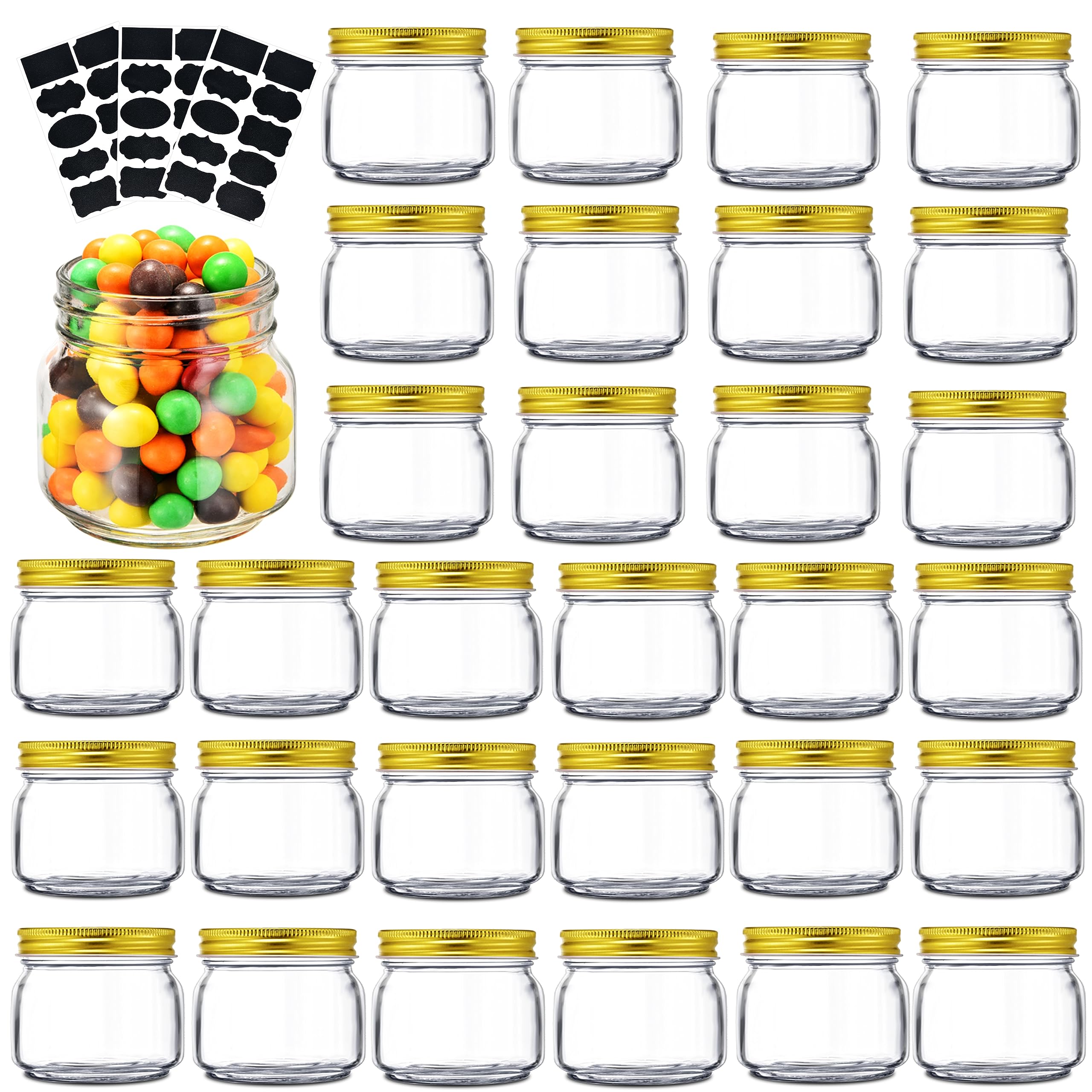 Rainforce Mason Jars 8 oz 30 Pack- Small Mason Jars With Gold Lids -1/4 Quart Canning Jars| Storage Pickling Jars For Jelly, Jam, Honey, Pickles - Spice Glass Jars - With 30 Chalkboard Labels