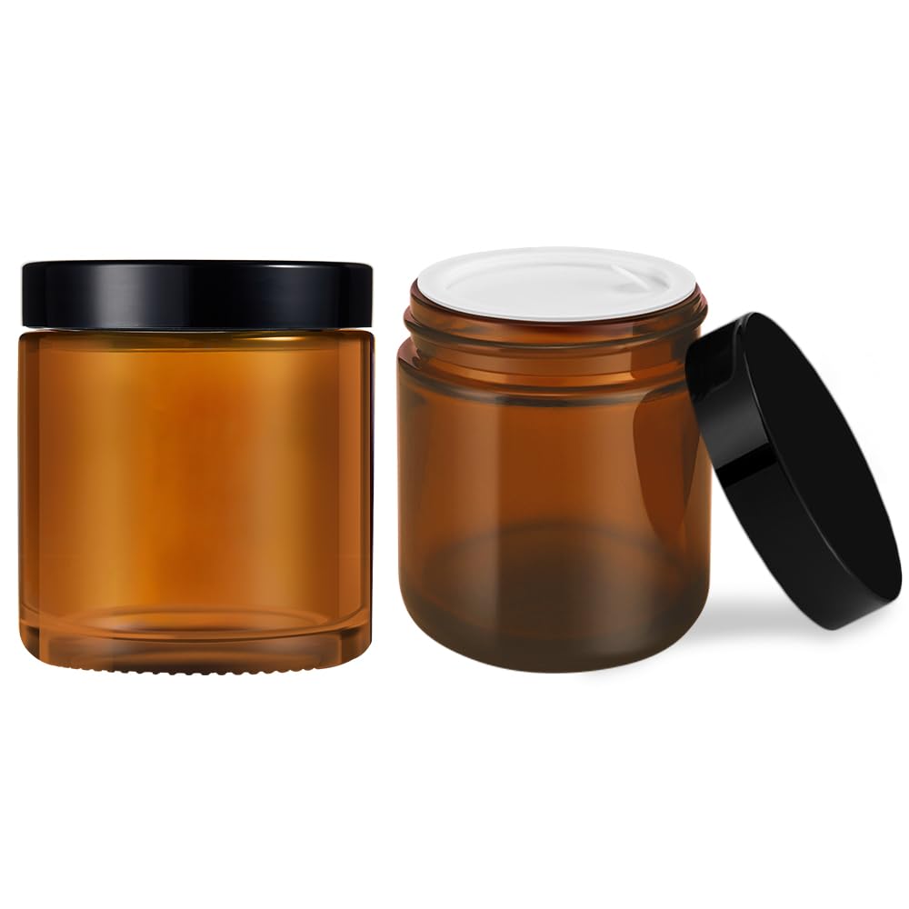 4 oz Small Glass Containers with Lids, Tecohouse 2 Pack Amber Glass Jars with Black Lids & Inner Liners, Mini Travel Toiletries Container for Slime, Makeup, Cream, Lotion, Cosmetic