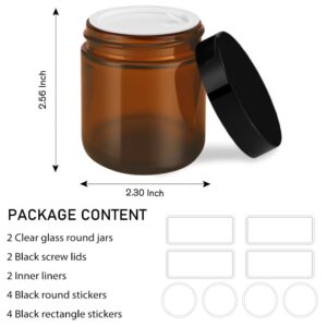 4 oz Small Glass Containers with Lids, Tecohouse 2 Pack Amber Glass Jars with Black Lids & Inner Liners, Mini Travel Toiletries Container for Slime, Makeup, Cream, Lotion, Cosmetic