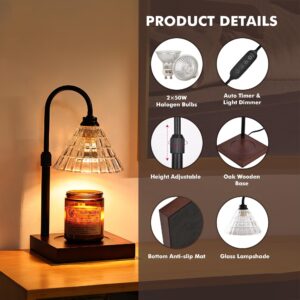 SerenGlow Candle Warmer Lamp with 2 * 50W Bulbs, Electric Candle Lamp with 2H/4H/8H Timer, Dimmable Candle Warming Lamp with Oak Base, Height Adjustable Wax Warmer Lamp for Jar Candles (Black-A)