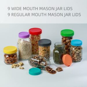 Bedgeta 18 Pack 9 Wide Mouth & 9 Regular Mouth Mason Jar Lids with Silicone Rings,Thickened Leak-proof Lids Fit Ball,Kerr and More, 18 Color Plastic Lids, 86mm &70mm Plastic Mason Jar Lids