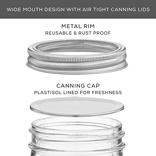 8 Oz Mason Jars With Lids, Labels and Measures! 6-Pack Wide Mouth Glass Jar with Lid and Band. Airtight Canning Jars, Overnight Oats Jars, Salad Jars, Sourdough Starter Jar