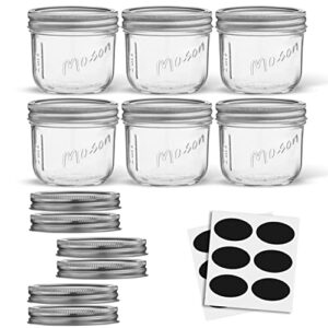 8 Oz Mason Jars With Lids, Labels and Measures! 6-Pack Wide Mouth Glass Jar with Lid and Band. Airtight Canning Jars, Overnight Oats Jars, Salad Jars, Sourdough Starter Jar