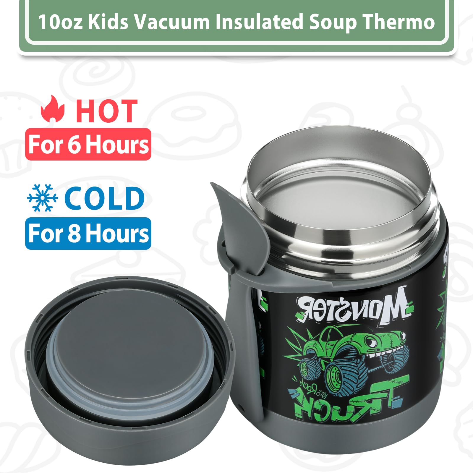 10oz Soup Thermo for Hot Food Kids,Lunch Thermo Kids Food Jar with Spoon Hot Insulated Food Containers,Leak Proof Stainless Steel Wide Mouth Lunch Food Thermo Jar for School(Black-Trucks)