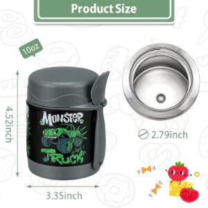 10oz Soup Thermo for Hot Food Kids,Lunch Thermo Kids Food Jar with Spoon Hot Insulated Food Containers,Leak Proof Stainless Steel Wide Mouth Lunch Food Thermo Jar for School(Black-Trucks)