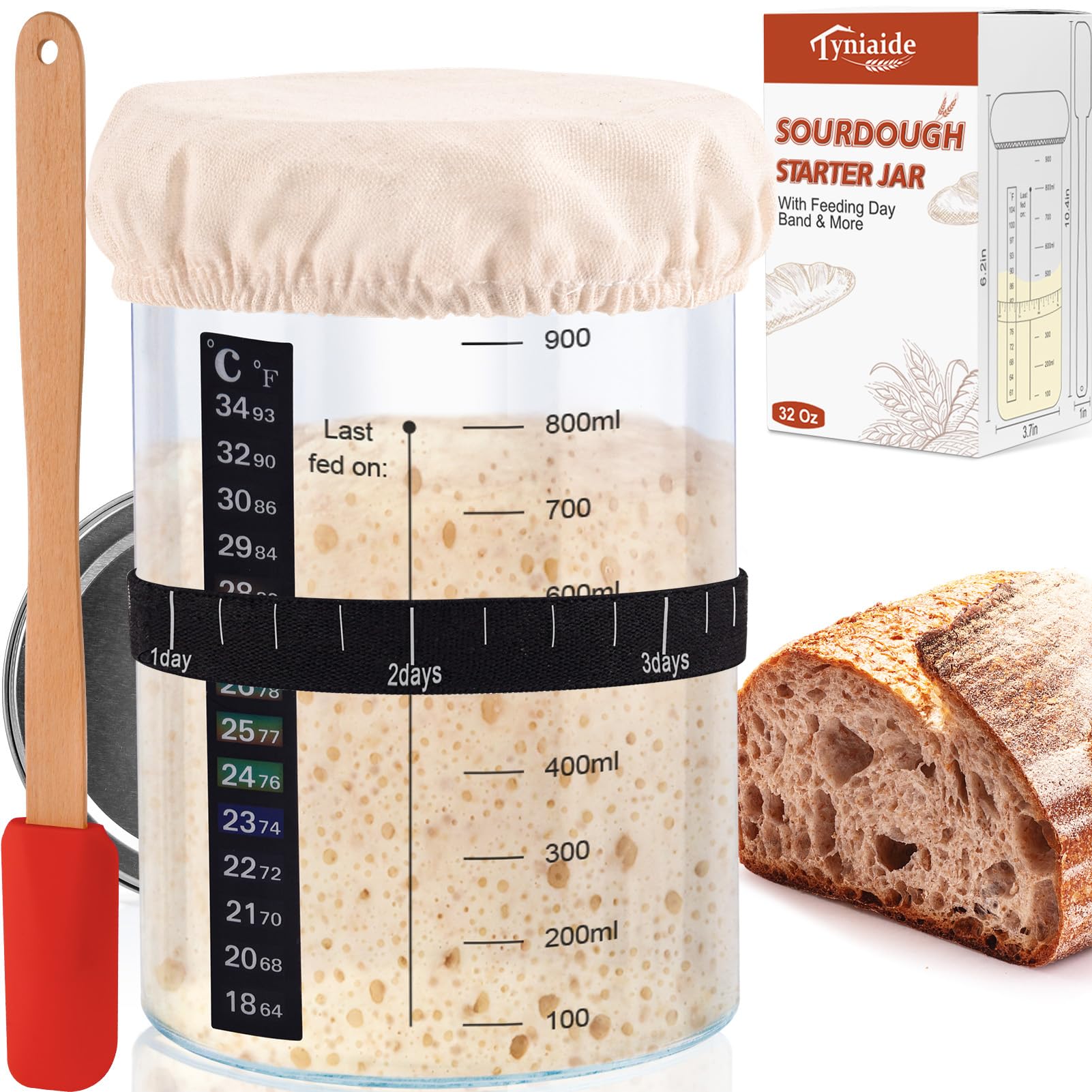 Tyniaide Sourdough Starter Kit, 32OZ Sourdough Starter Jar with Date Marked Feeding Band, Thermometer, Cloth Cover & Metal Lid, Reusable Sourdough Bread Baking Supplies, Home Baking Supplies