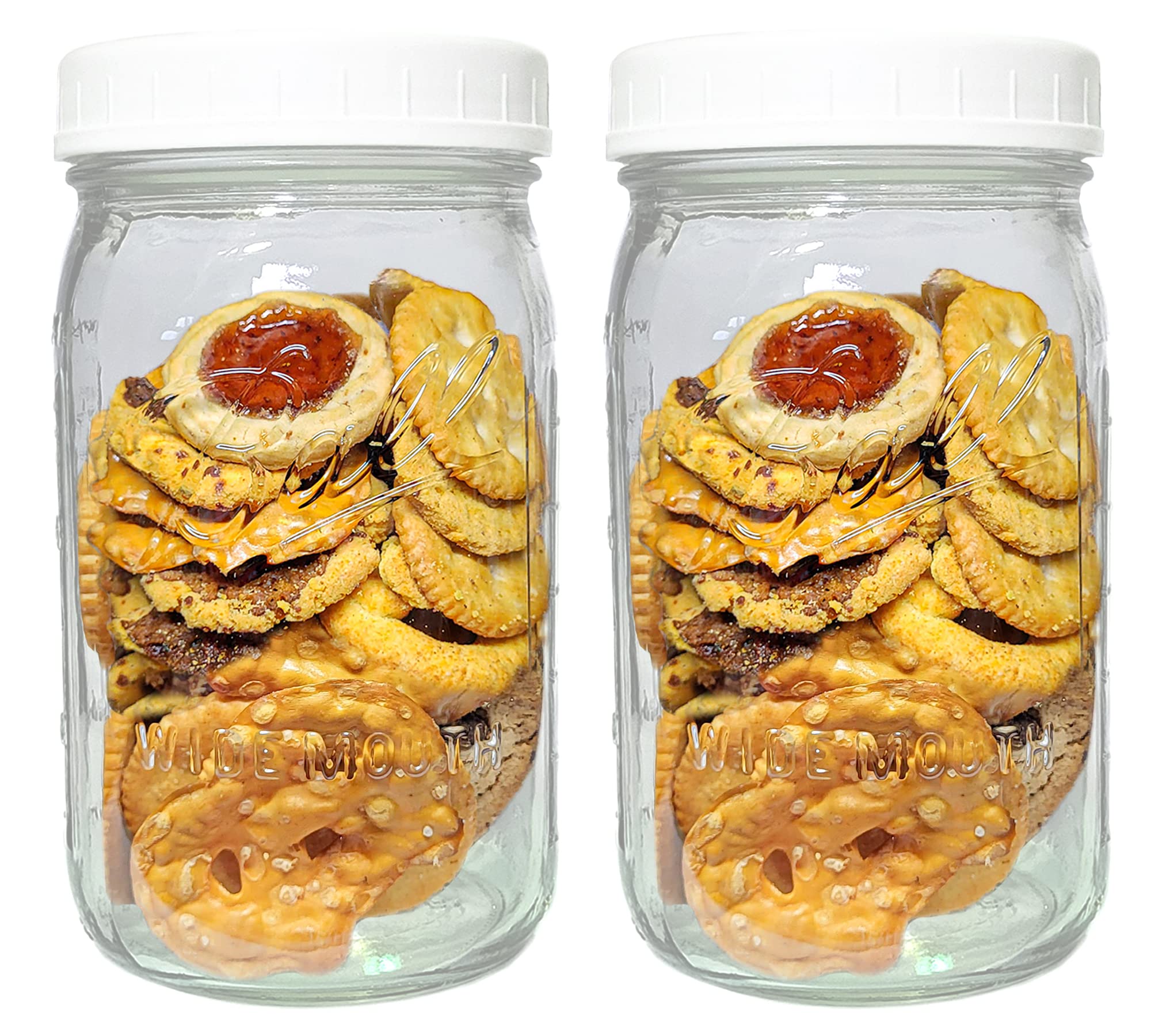 Wide Mouth Mason Jars 32 oz - (2 Pack) - Ball Wide Mouth 32-Ounces Quart Mason Jars with White M.E.M Food Storage Plastic Lids, Caps Fit Ball and Kerr Wide Mouth - For Storage, Freezing, Leak Proof,