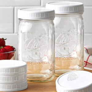 Wide Mouth Mason Jars 32 oz - (2 Pack) - Ball Wide Mouth 32-Ounces Quart Mason Jars with White M.E.M Food Storage Plastic Lids, Caps Fit Ball and Kerr Wide Mouth - For Storage, Freezing, Leak Proof,