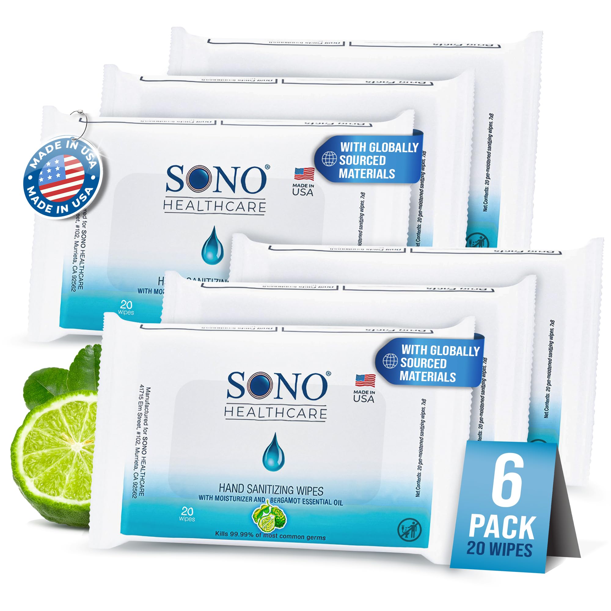 SONO Sanitizing Hand Wipes with Bergamot & Aloe Essential Oil - Stay Refreshed On-the-Go - Hand Cleaning Solution for a Pleasant and Thorough Sanitization Experience - 6 Packs of 20 Wipes Each